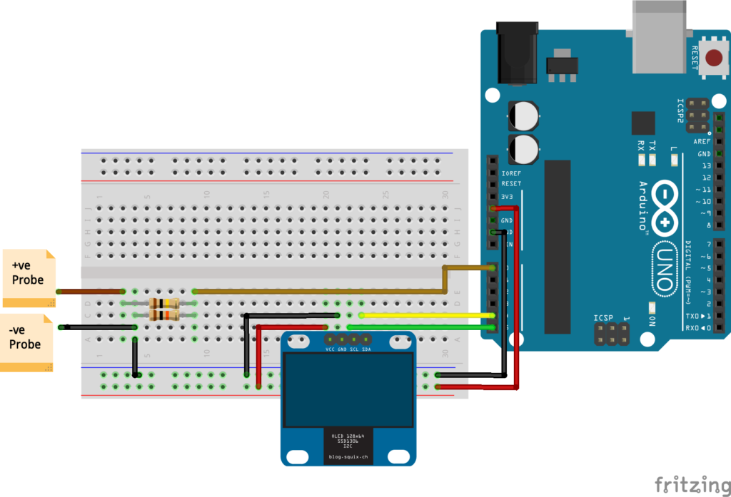 Schematic Arduino voltmeter using sh1106 oled display