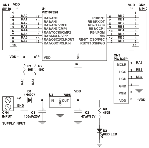 Schematic Multipurpose 18 PIN (16F628A) Microcontroller development board