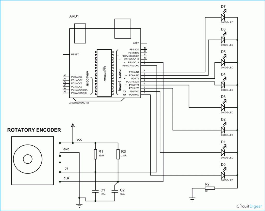 Circuit Arduino Based LED Chaser using Rotary Encoder