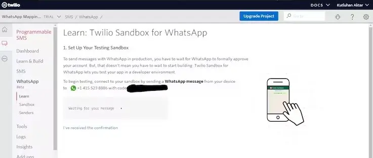 Twilio Sandbox Setup WhatsApp Mapping