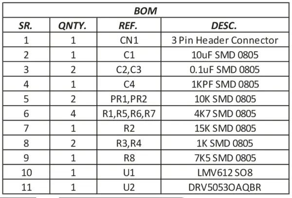 0 to 5v Output Analog Hall Sensor for Foot Controller part list