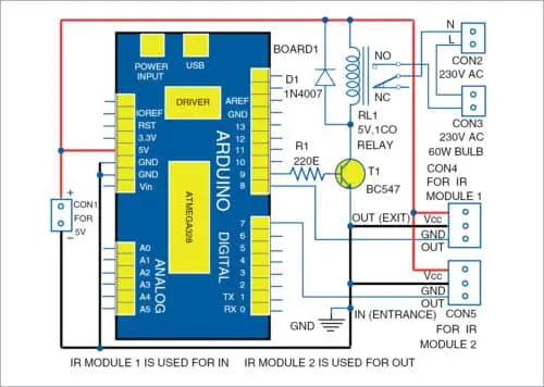 Circuit diagram Arduino-Controlled Automated Washroom Light with IR Sensors